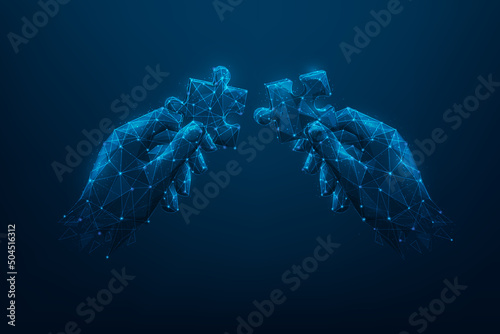 hand jigsaw puzzle connect low poly wireframe. Business partners and solution. vector illustration fantastic digital line and dot design. isolated on blue dark background. Strategy for success.