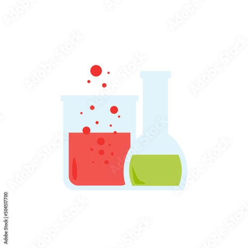 Lab chemical tubes set. Glass beaker, tubes and bottles, tools for laboratory experiment, flasks in holder, burner. Vector illustration for chemistry, medical research, science concept
