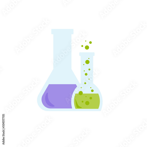 Lab chemical tubes set. Glass beaker, tubes and bottles, tools for laboratory experiment, flasks in holder, burner. Vector illustration for chemistry, medical research, science concept