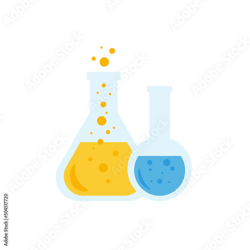 Lab chemical tubes set. Glass beaker, tubes and bottles, tools for laboratory experiment, flasks in holder, burner. Vector illustration for chemistry, medical research, science concept