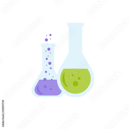 Lab chemical tubes set. Glass beaker, tubes and bottles, tools for laboratory experiment, flasks in holder, burner. Vector illustration for chemistry, medical research, science concept