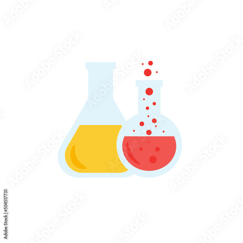 Lab chemical tubes set. Glass beaker, tubes and bottles, tools for laboratory experiment, flasks in holder, burner. Vector illustration for chemistry, medical research, science concept