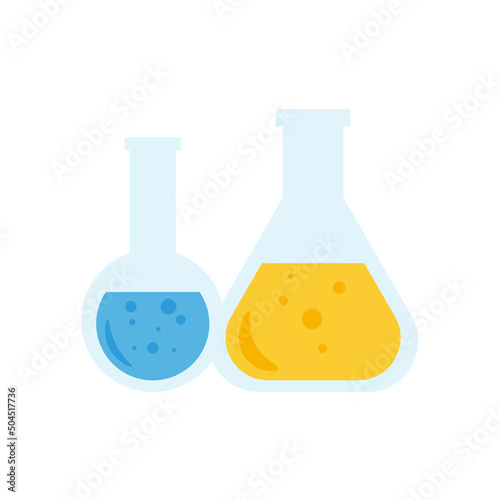Lab chemical tubes set. Glass beaker, tubes and bottles, tools for laboratory experiment, flasks in holder, burner. Vector illustration for chemistry, medical research, science concept