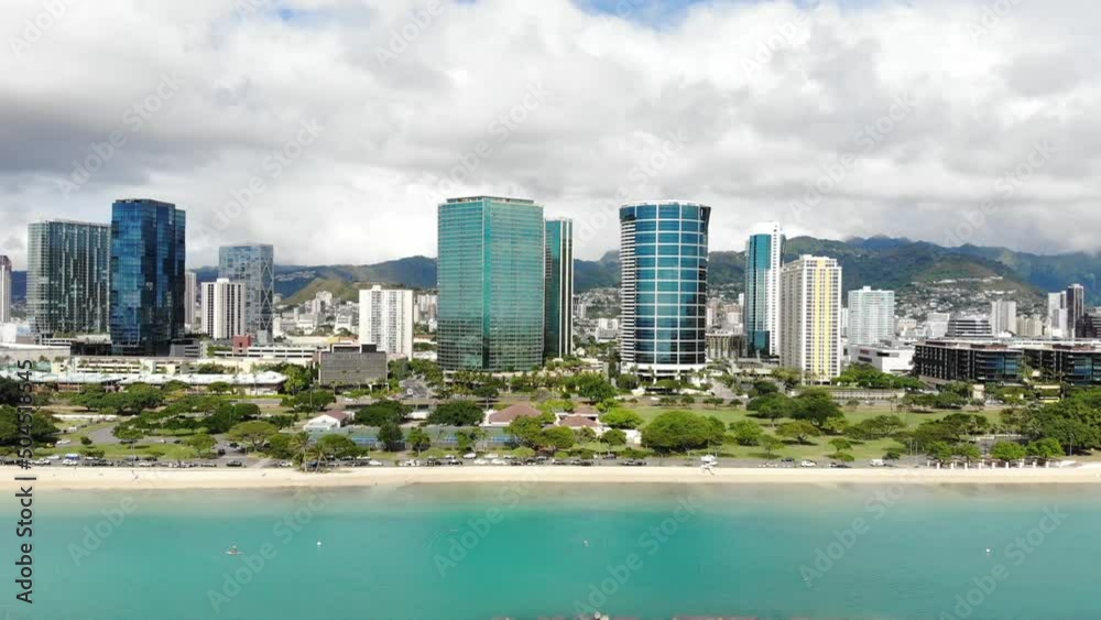 View of luxury condos in Honolulu along Ala Moana Beach Park on Oahu, Hawaii View of luxury condos in Honolulu along Ala Moana Beach Park on Oahu, Hawaii