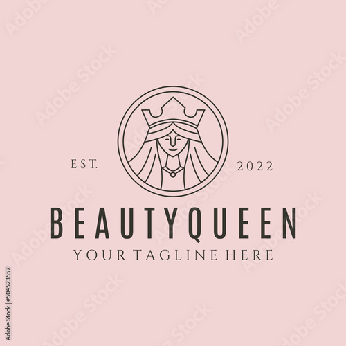 beauty queen with crown line art logo vector symbol illustration design