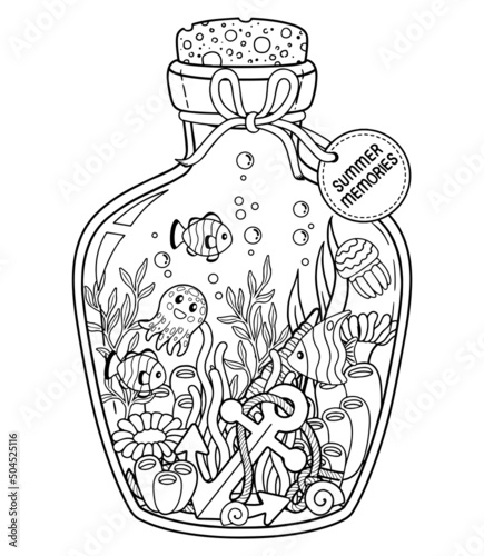 Vector black and white Coloring book page for adult. Underwater life in a glass bottle, sea creatures, algae and shells for summer memories