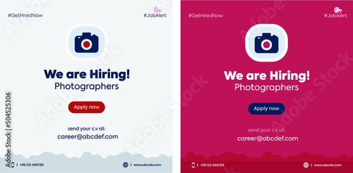 we are hiring. we are hiring photographers. photographers hiring announcement banner with camera icon and two different background colors. Business recruiting concept.
