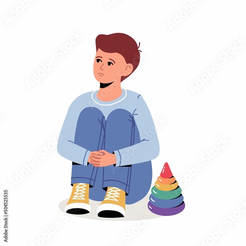 Little boy feeling lonely. Apathy, depression. Child Playing Alone With pyramid toy. Early signs of autism syndrome in children. Vector illustration.