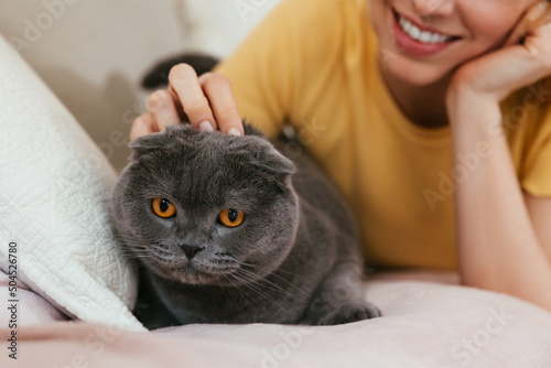 Happy woman scratching cat on couch photo