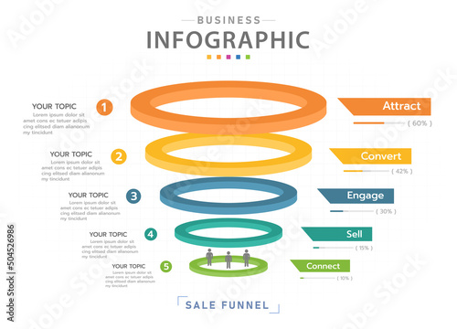 Infographic template for business. 5 Level Modern Sales funnel diagram with percentage, presentation vector infographic.