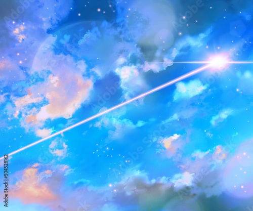 光り輝く流星と雲が漂うファンタジー背景イラスト,