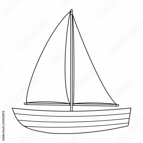 Wooden boat with sail black outline doodle, vector illustration on white background.