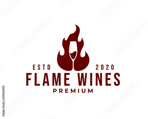 a glass of red wine burning logo. Flame wine logo design concept