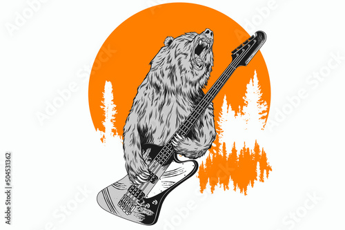 bear holding a bass guitar music theme for t-shirt