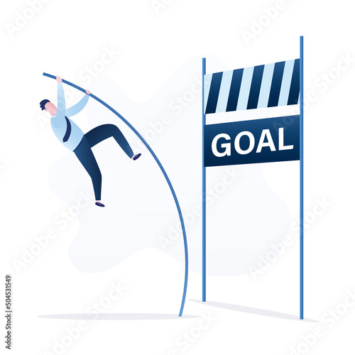 Confident businessman doing pole vaulting cross over crisis valley. Entrepreneur jumping over the barrier with pole. Way forward overcoming obstacles concept. Achieving success.