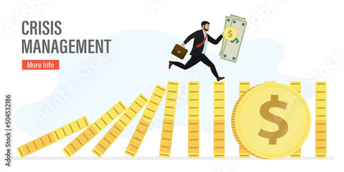 Businessman running on falling dominoes. Problems solving, domino effect, crisis management. Chain reaction, finance intervention in company management, horizontal concept banner.