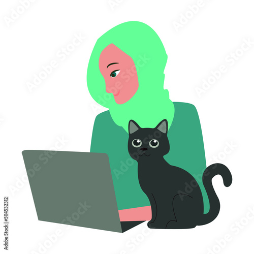 Muslim student girl with laptop studying. Young arab woman in hijab at computer. Womens freelance. Arabian girl in hijab with laptop. Concept illustration for working, studying, education, work.Vector