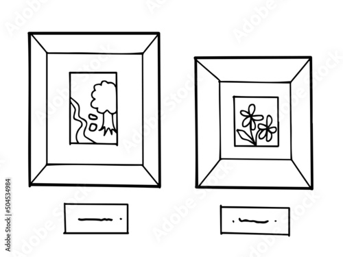 ギャラリーに展示された絵画や写真の作品 （線画イラスト）