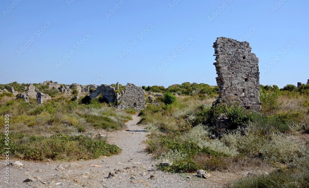 Ruins of the ancient city of Side. The territory of the ancient city of Side. Turkey