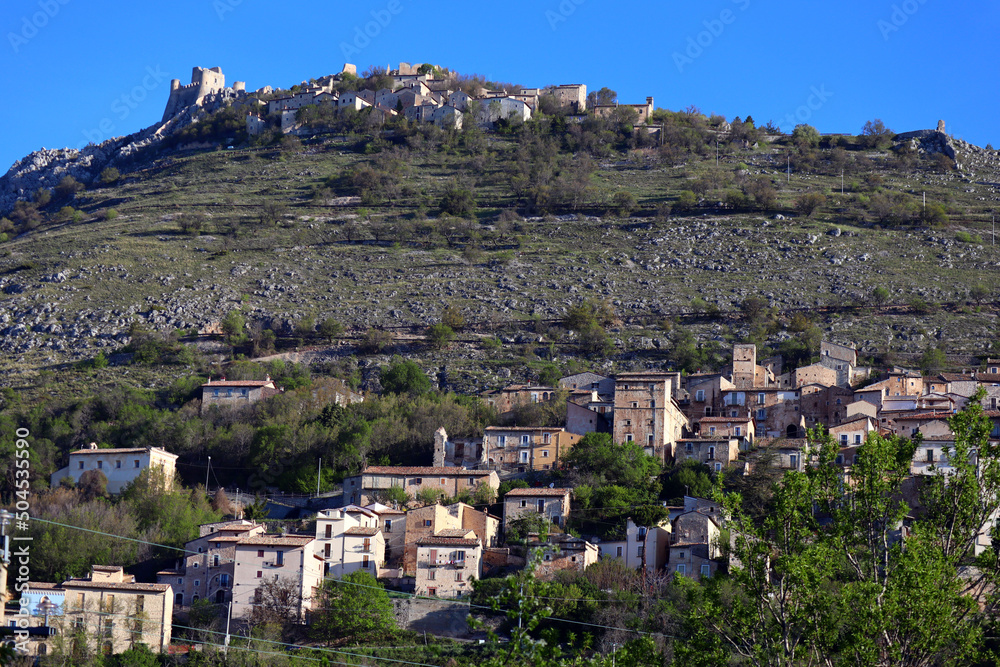 Calascio and Rocca Calascio, mountaintop medieval town with the Castle of Rocca Calascio. Located within the Gran Sasso National Park in the province of L'Aquila, Abruzzo – Italy