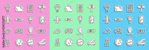 Set line Passenger ladder for plane boarding, Airline ticket, Airplane window, Passport, Safety belt, Plane, Box flying on parachute and Hot air balloon icon. Vector