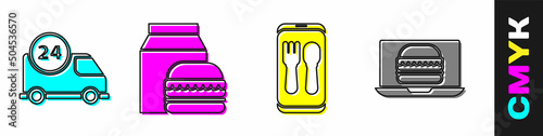 Set Fast delivery by car, Online ordering and burger delivery, Online ordering and delivery and Online ordering burger delivery icon. Vector