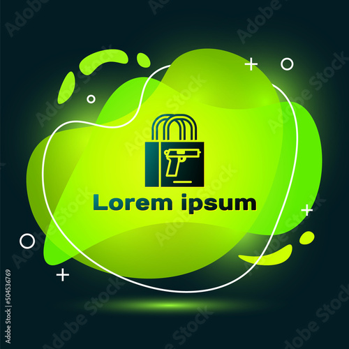 Black Buying gun pistol icon isolated on black background. Buying weapon. Abstract banner with liquid shapes. Vector