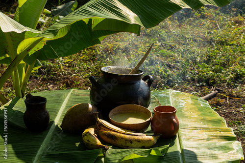 A traditional beverage made of banana in a containers