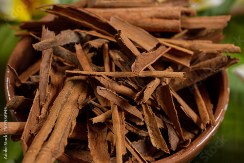 Closeup to cinnamon that is inside a clay dish 