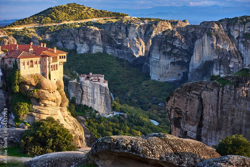 meteora monastery on a sunny day in the mountains of greece