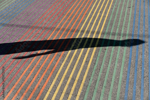 Closeup view at rainbow zebra on asphalt roadway photo