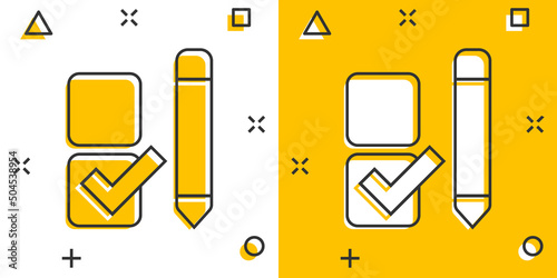 Checklist document icon in comic style. Survey cartoon vector illustration on white isolated background. Check mark choice splash effect business concept.