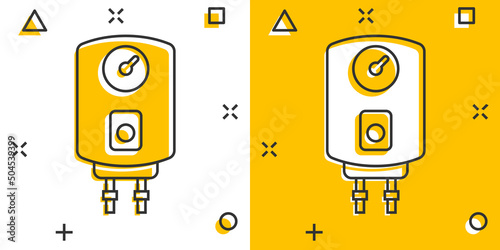 Gas boiler icon in comic style. Heater cartoon vector illustration on isolated background. Boiling splash effect sign business concept.