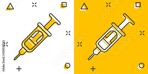 Syringe icon in comic style. Coronavirus vaccine inject cartoon vector illustration on isolated background. Covid-19 vaccination splash effect sign business concept.