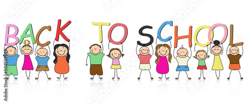 Kids back to school. Childlike cartoon characters children holding the inscription back to school.