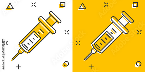 Syringe icon in comic style. Coronavirus vaccine inject cartoon vector illustration on isolated background. Covid-19 vaccination splash effect sign business concept.