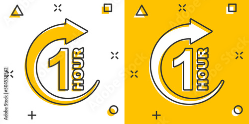 1 hour clock icon in comic style. Timer countdown cartoon vector illustration on isolated background. Time measure splash effect sign business concept.