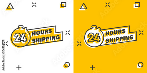 Shipping 24 hours icon in comic style. Delivery countdown cartoon vector illustration on isolated background. Quick service time splash effect sign business concept.