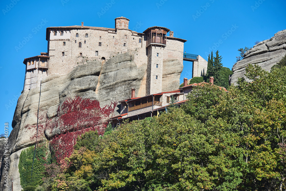 meteora monastery on a sunny day in the mountains of greece
