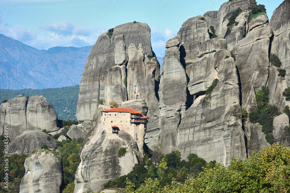 meteora monastery on a sunny day in the mountains of greece