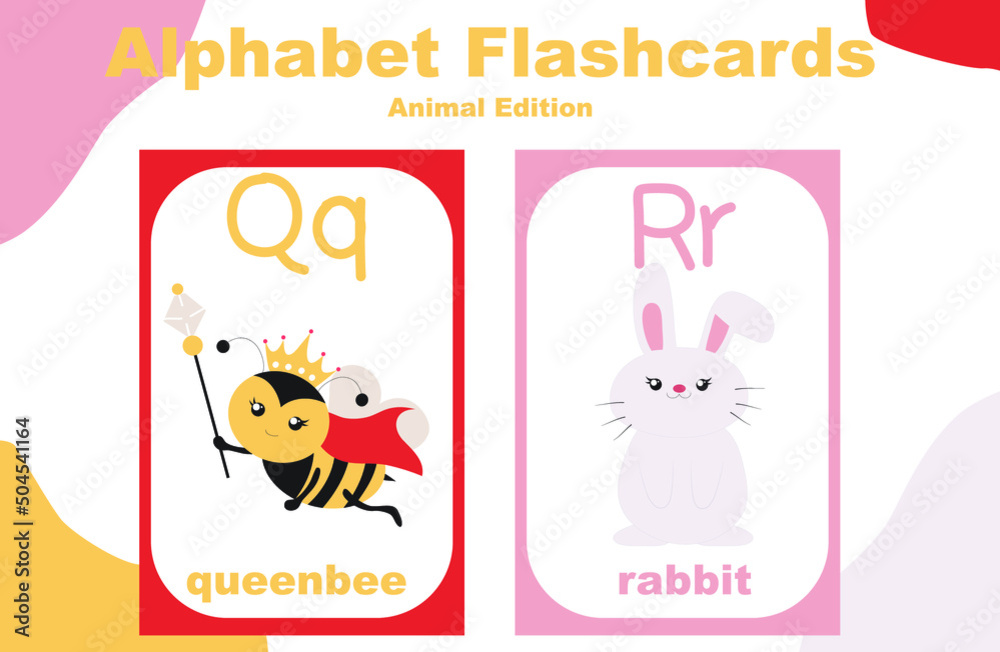 Animal alphabet flashcard. Educational printable flashcard. Vector illustrations.