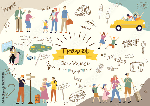 旅行をする人達と可愛らしい手描きイラストセット	