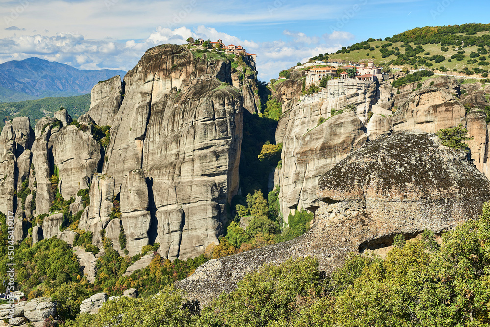 meteora monastery on a sunny day in the mountains of greece