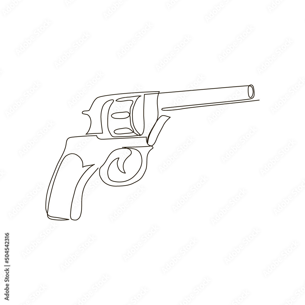 Revolver continuous line drawing. One line art of weapon, gas pistol