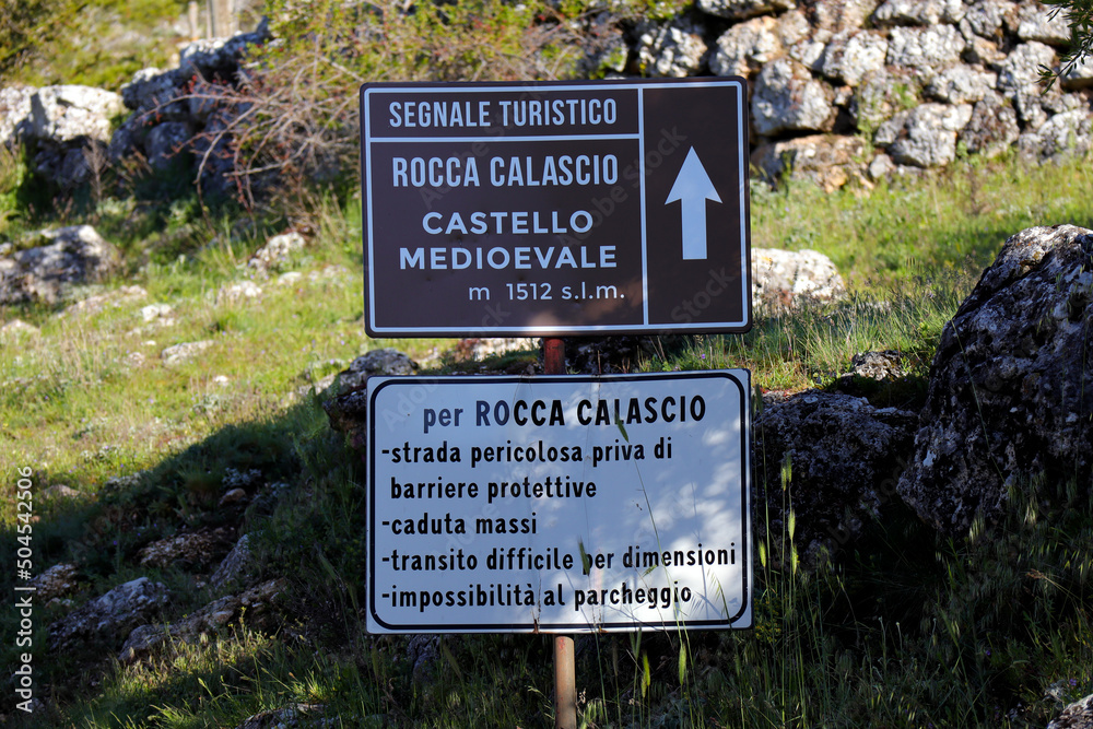 Tourist information sign for Rocca Calascio, mountaintop medieval fortress at 1512 meters above sea level. The Castle of Rocca Calascio is located within the Gran Sasso National Park, Abruzzo – Italy