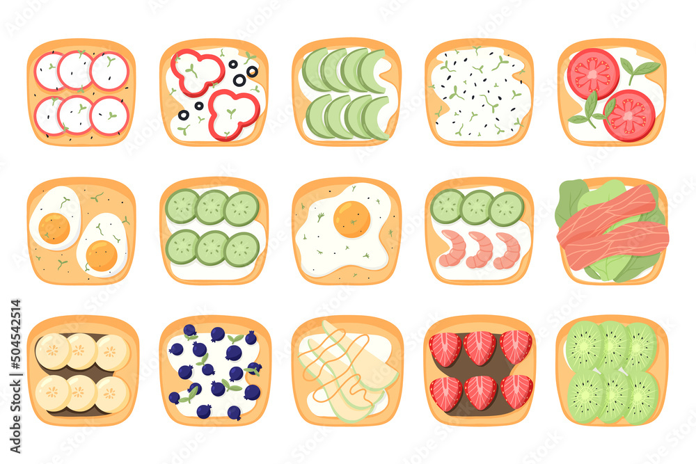 Set of sandwiches with vegetables. Toast with eggs, tomatoes, shrimp, fish, cucumbers, avocado. A set of sandwiches with fruits and berries. Vector illustration.Healthy breakfasts.