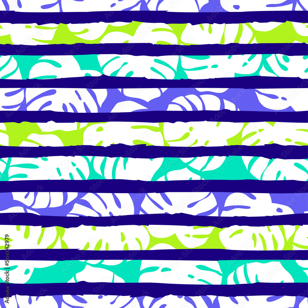Obraz premium Monstera leaf with brushed stripes seamless pattern for summer holidays background.