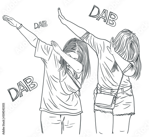 Two pretty woman standing and doing dab, wearing fashionable cloths and lady purse, hand drawing line art vector