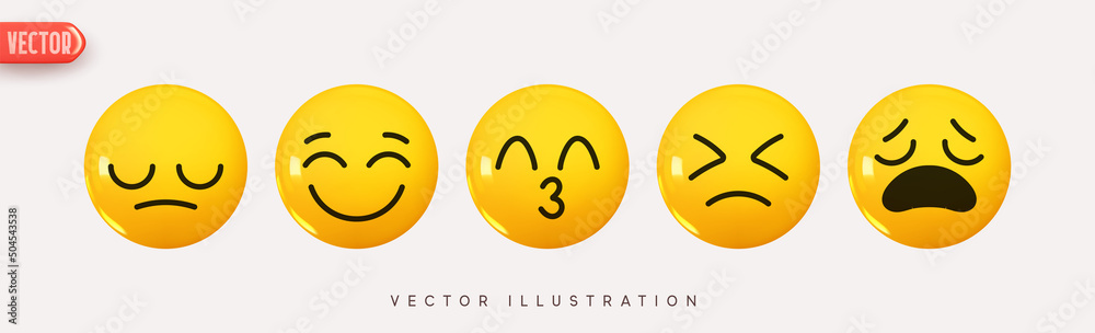 Set Icon Smile Emoji. Realistic Yellow Glossy 3d Emotions face happy smile, disappointment grief, sadness, sadness, kiss, resentment embarrassed, Pack 12. Vector illustration Set Icon Smile Emoji. Realistic Yellow Glossy 3d Emotions face happy smile, disappointment grief, sadness, sadness, kiss, resentment embarrassed, Pack 12. Vector illustration