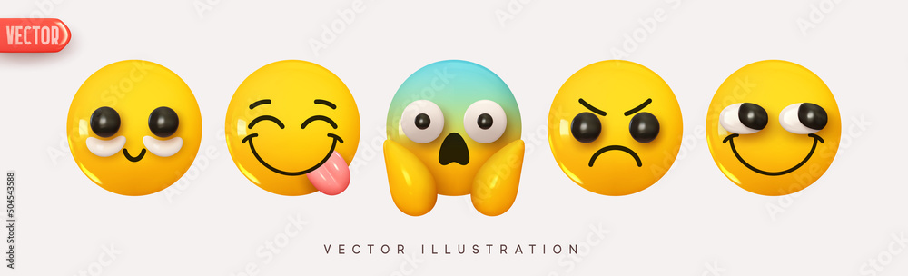 Naklejka premium Set Icon Smile Emoji. Realistic Yellow Glossy 3d Emotions face silly smile, cosmetic patches, teasing, screaming in fear, fright, frowning. Pack 20. Vector illustration